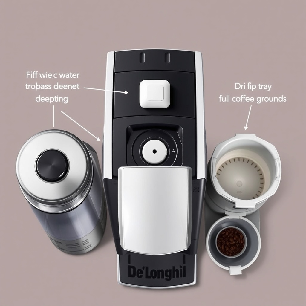 A photorealistic top-down illustration showing a De'Longhi Magnifica S with the top lid op