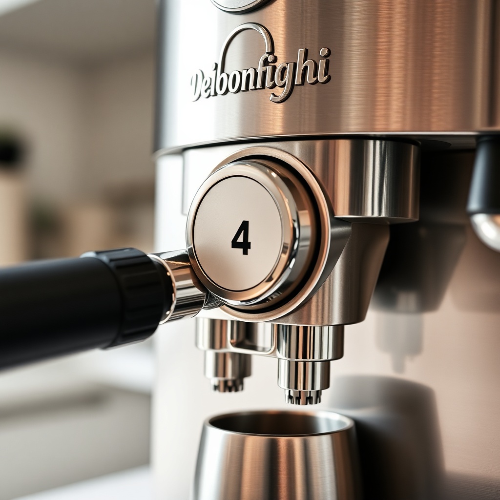 A close-up photorealistic photo of a De'Longhi Magnifica S front panel showing the round g