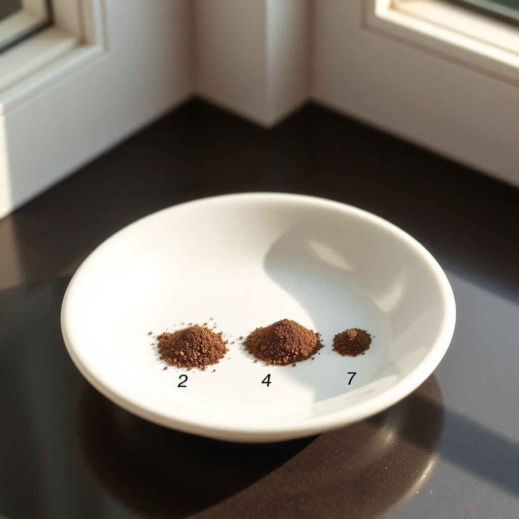 A clean photorealistic illustration of three small piles of coffee grounds on a white cera