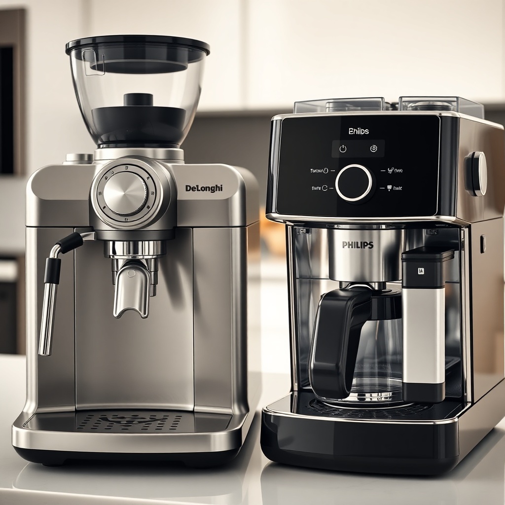 Photorealistic close-up of both machines side-by-side in a modern kitchen