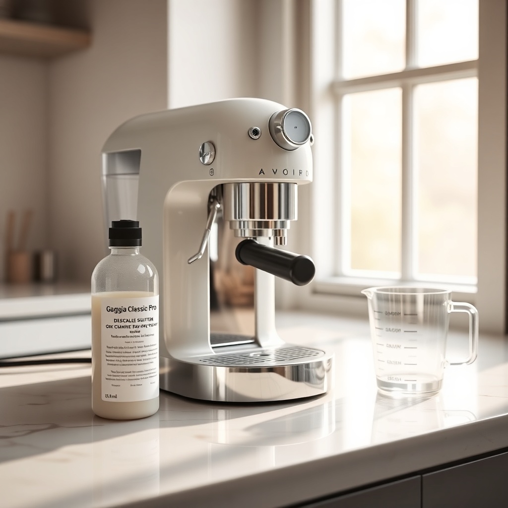 A clean photorealistic photo of a Gaggia Classic Pro with a descaling solution bottle and
