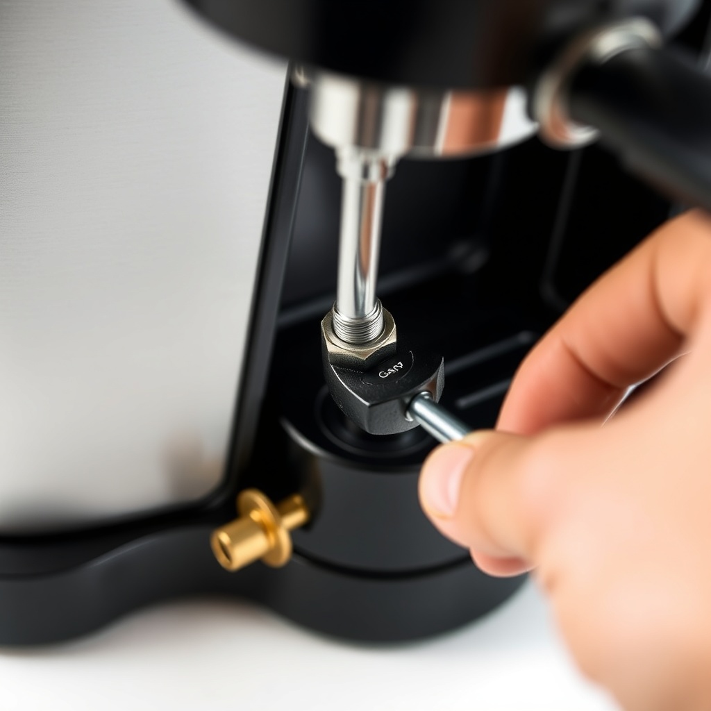 <Clean photorealistic photo of a person's hand adjusting a Gaggia Classic Pro OPV nut with