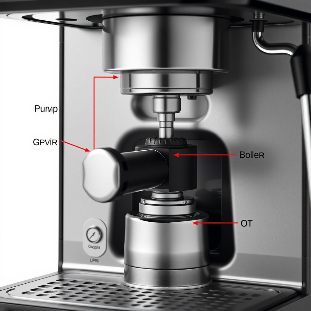 <clean photorealistic photo/illustration of the Gaggia Classic Pro internal layout with pu