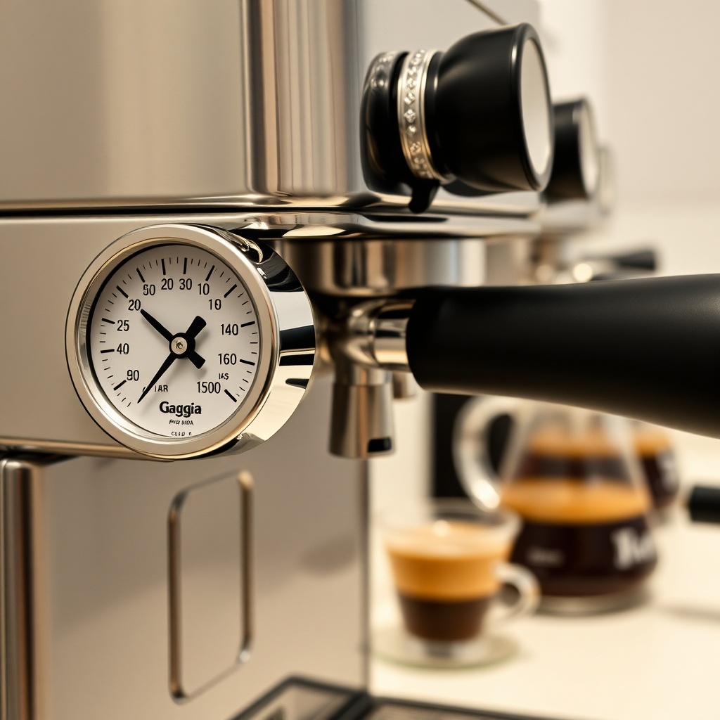 <clean photorealistic photo/illustration of a Gaggia Classic Pro with a silver pressure ga