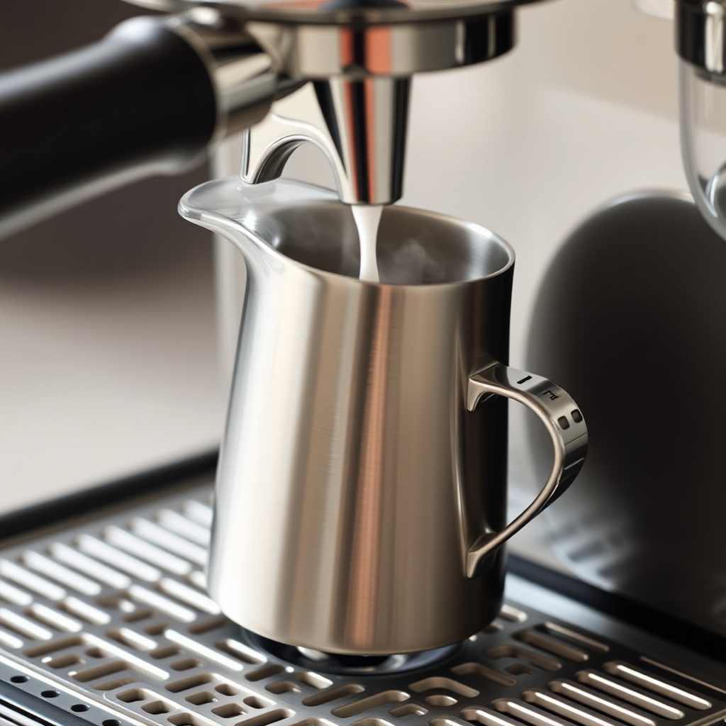 Close-up macro shot of a stainless steel milk pitcher being held under the Gaggia Classic