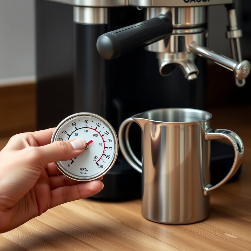 A hand holding a clear glass milk thermometer showing 58°C