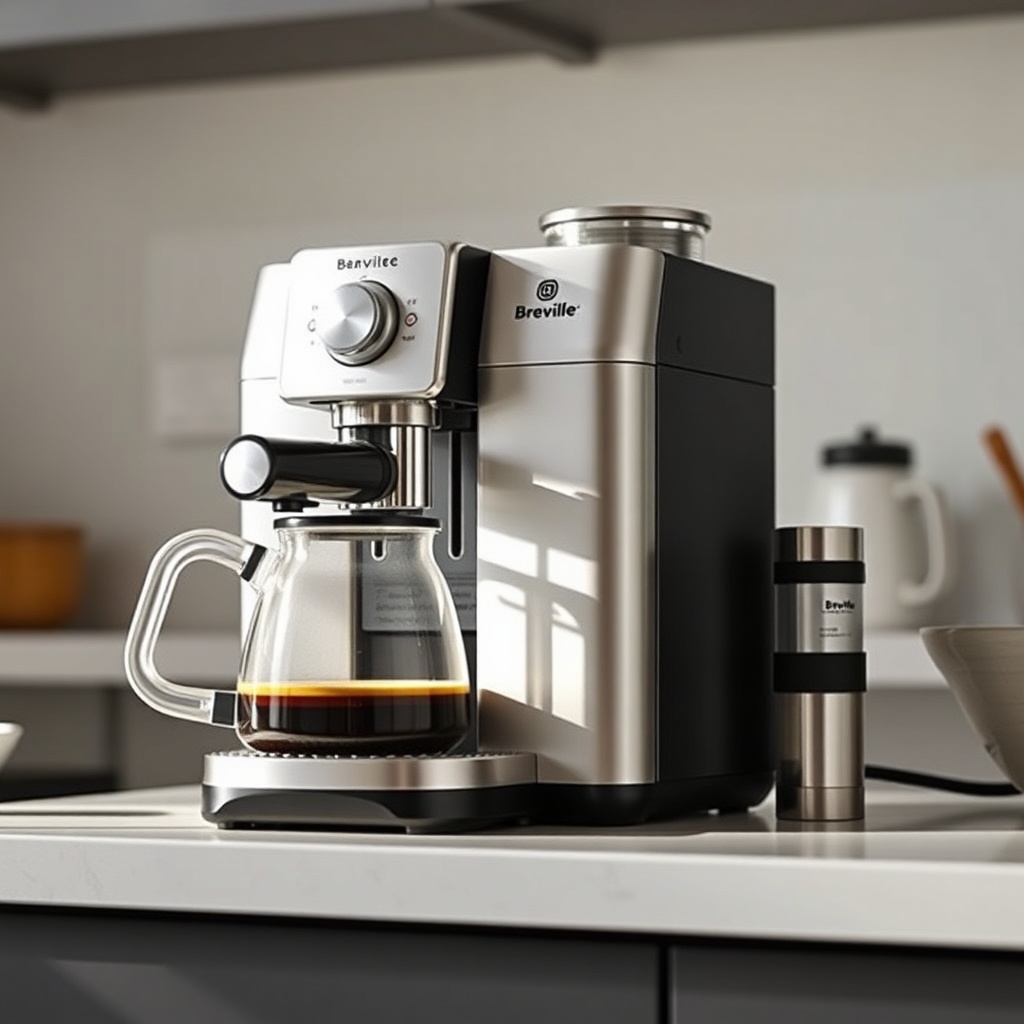 <clean photorealistic photo/illustration of Breville Barista Express Impress with a glass