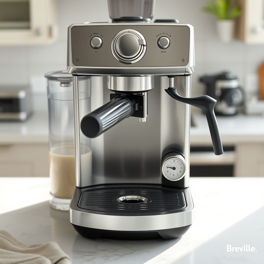 A photorealistic overhead shot of a Breville Barista Express Impress with the water tank r