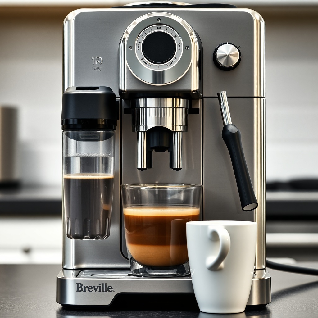 A photorealistic front-angle view of the Breville Barista Express Impress with the water t
