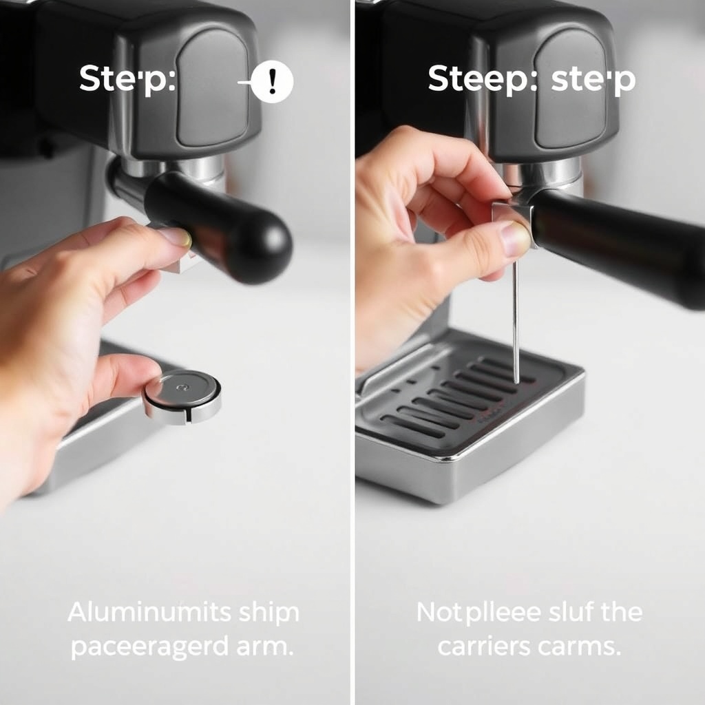 Step-by-step image showing aluminium shim placement on carrier arm of Breville Barista Exp