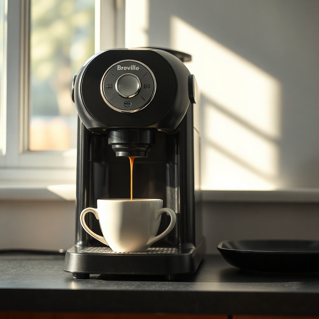 A clean photorealistic photo of a Breville Barista Express Impress on a kitchen counter