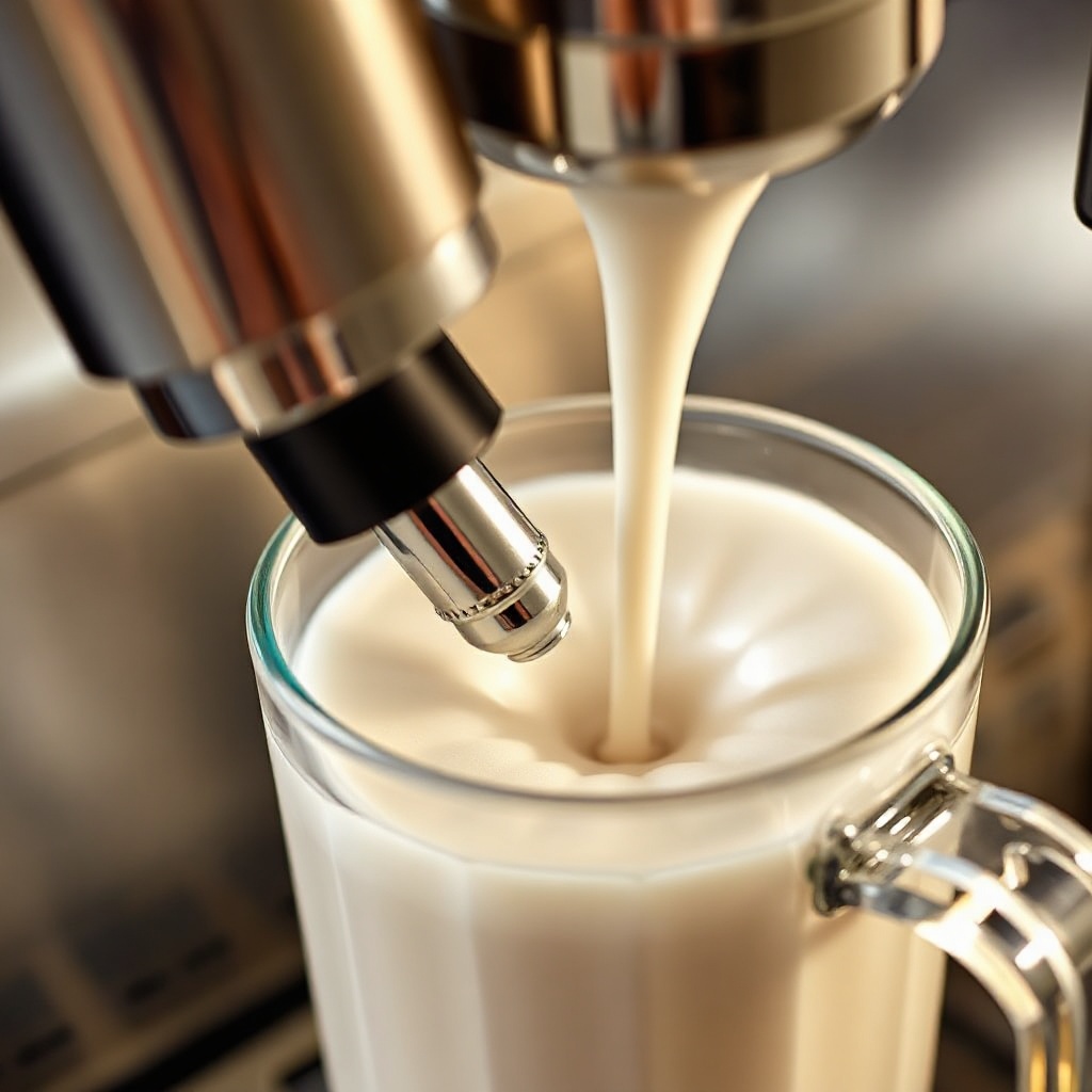 A photorealistic close-up of the Breville Barista Express Impress steam wand inserted into