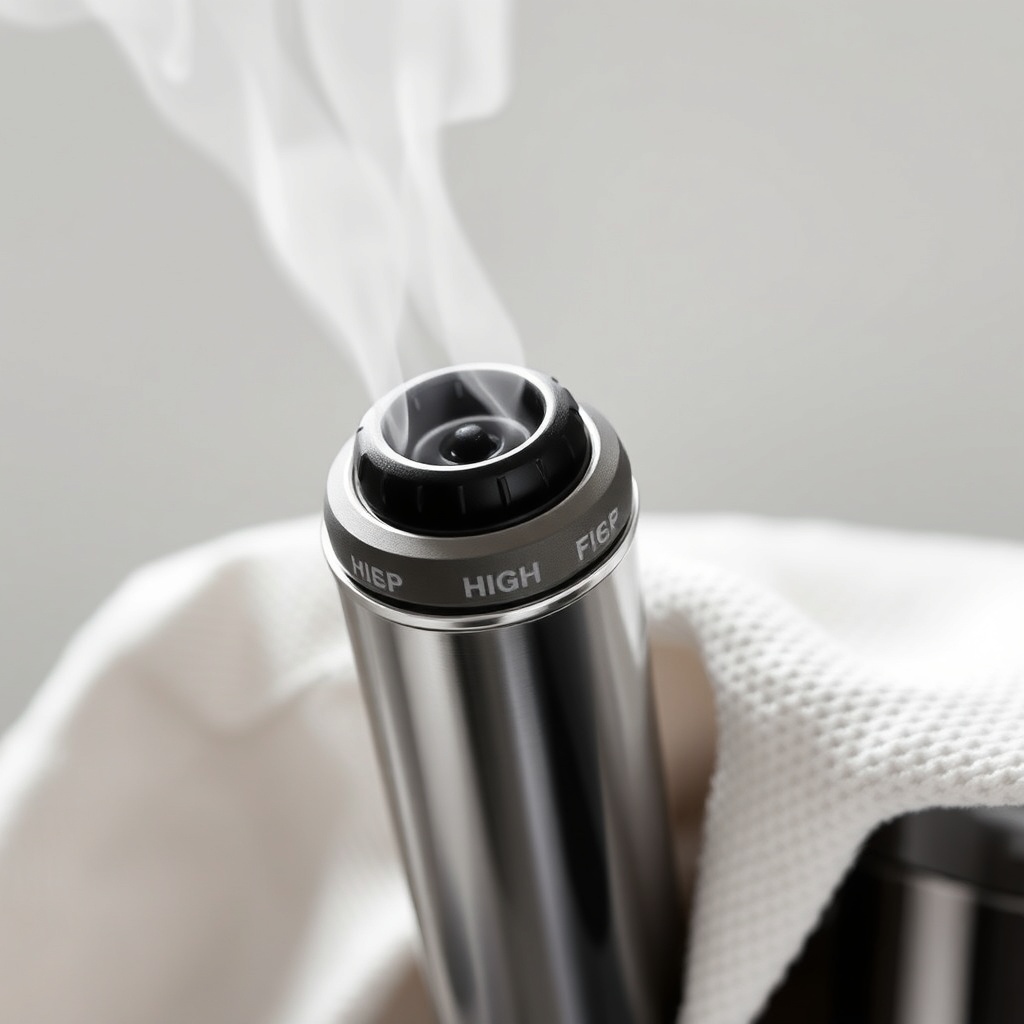 A photorealistic close‑up of the Breville Barista Express Impress steam wand being purged