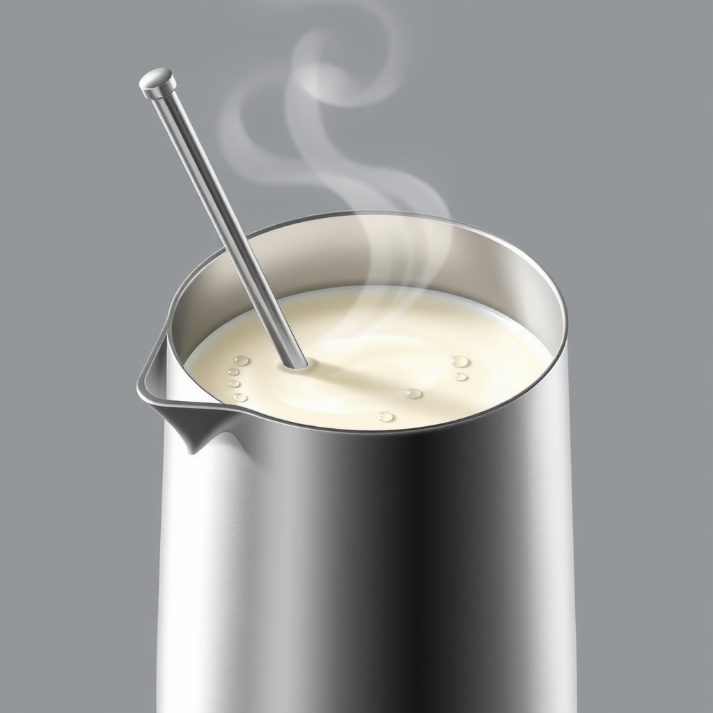 A photorealistic illustration showing a stainless steel pitcher with milk