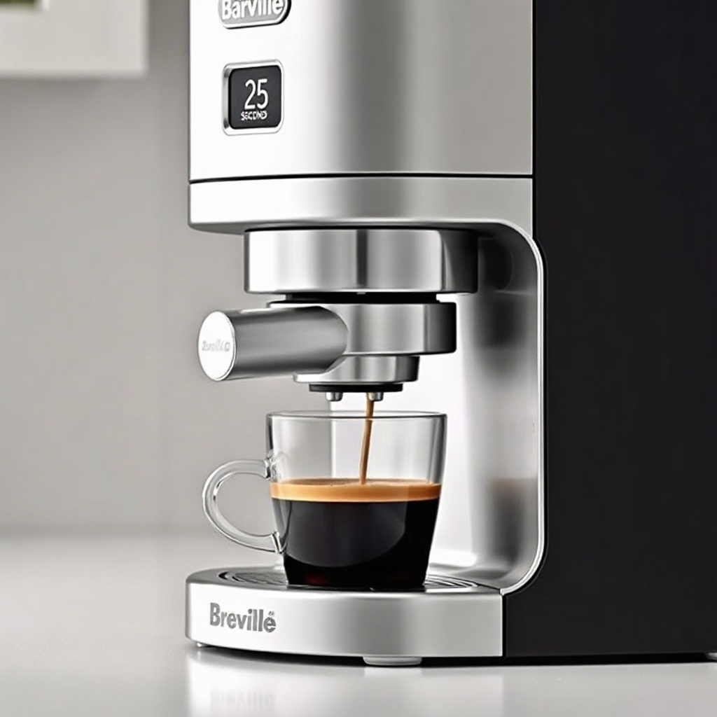 A photorealistic side view of the Breville Barista Express Impress with a coffee-filled po