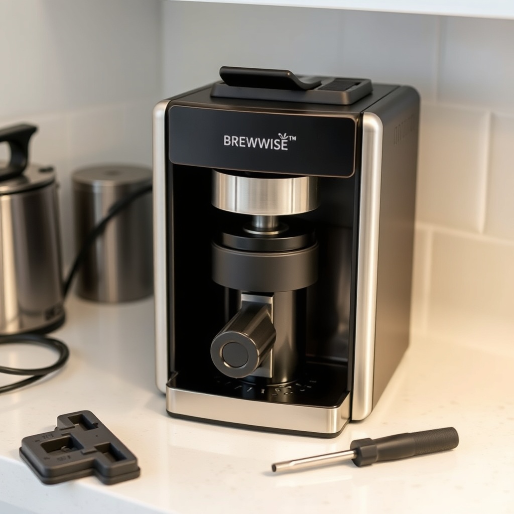 A close-up photorealistic photo of a BrewWise Thermoblock machine with the top cover remov