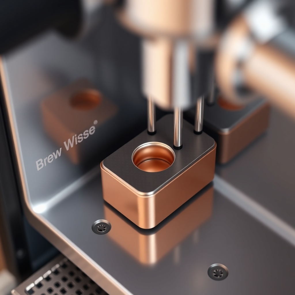 A clean photorealistic photo of a BrewWise Thermoblock heating element inside an espresso