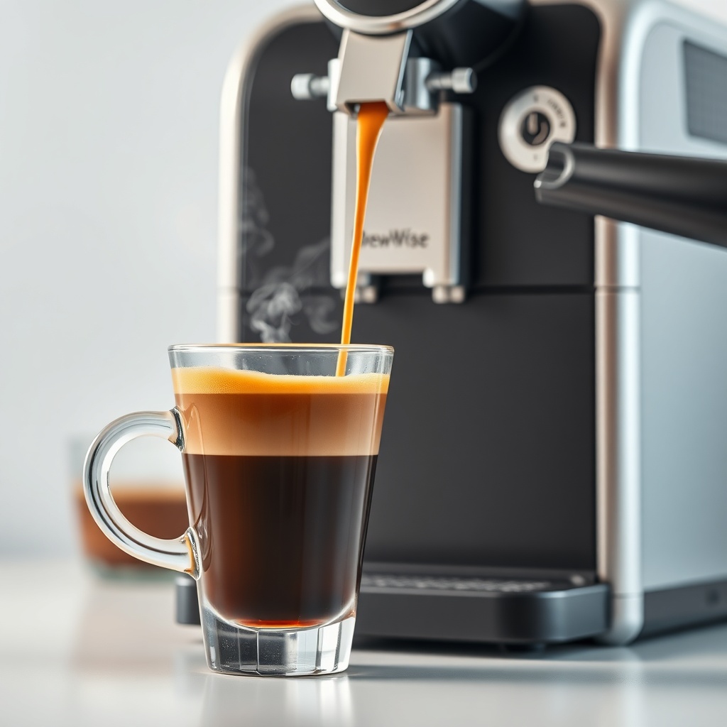 A clean photorealistic photo of a glass of espresso being poured into a cup