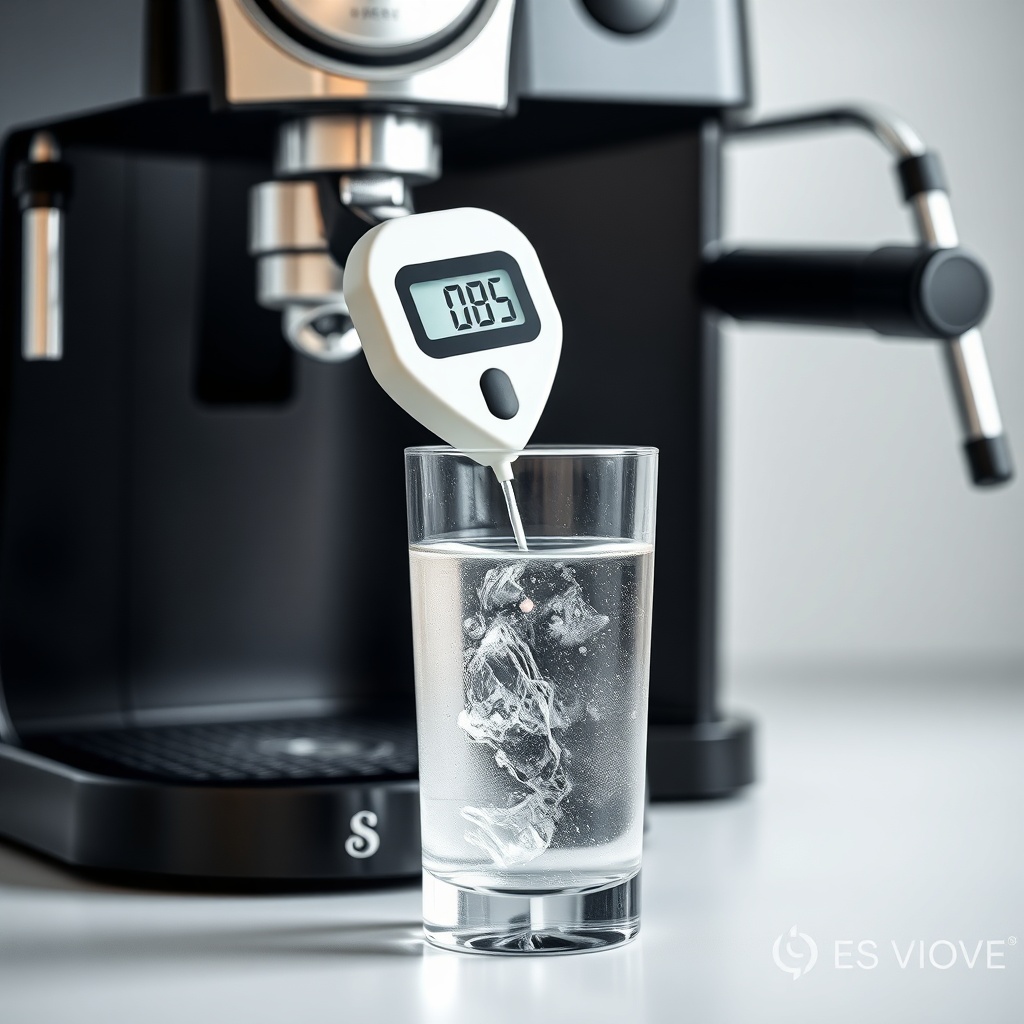 A clean photorealistic photo of a TDS meter being dipped into a clear glass of filtered wa