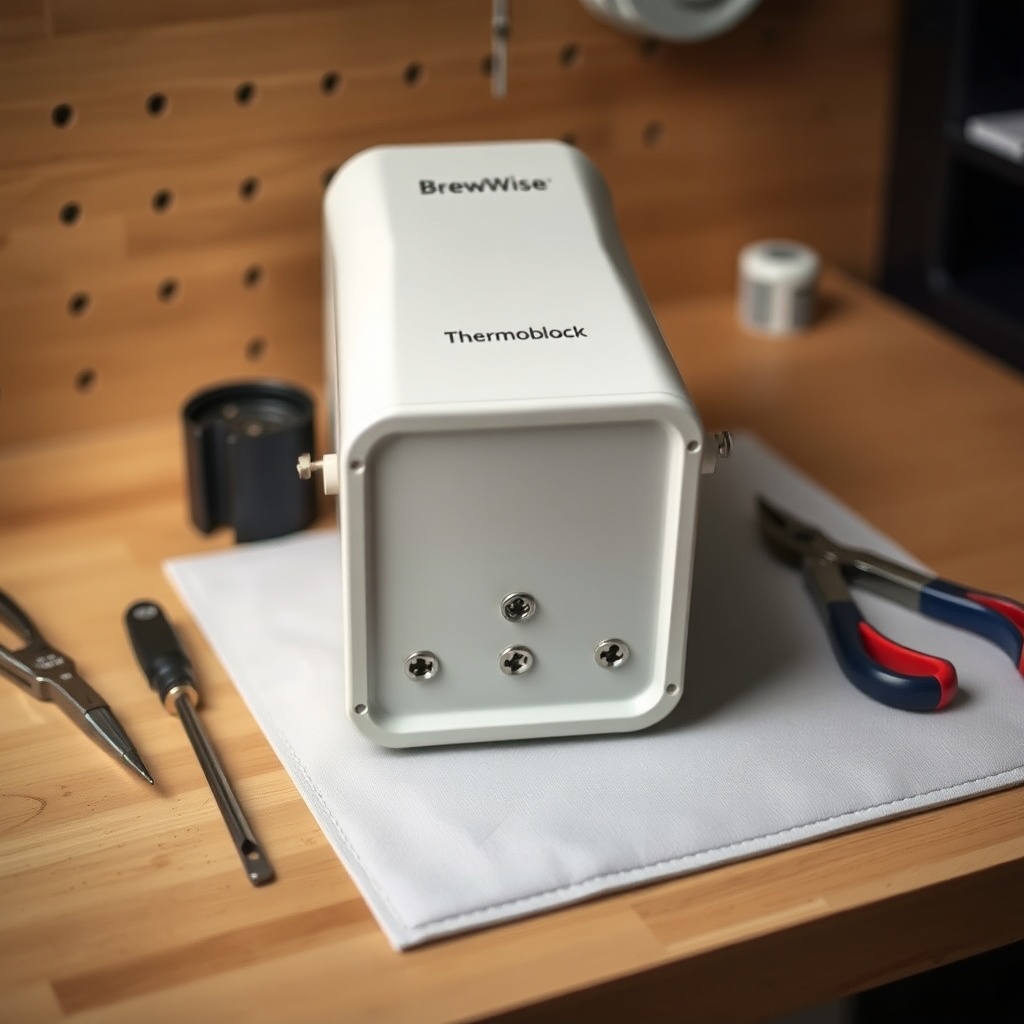 <A clean photorealistic photo of a BrewWise Thermoblock machine placed on a workbench with