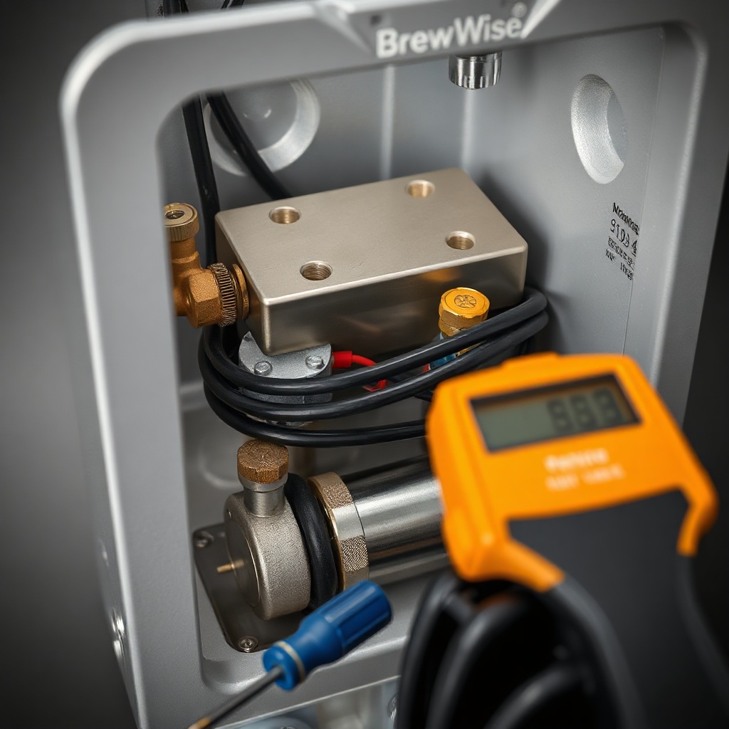 <A clean photorealistic close-up of an open BrewWise Thermoblock chassis showing the therm