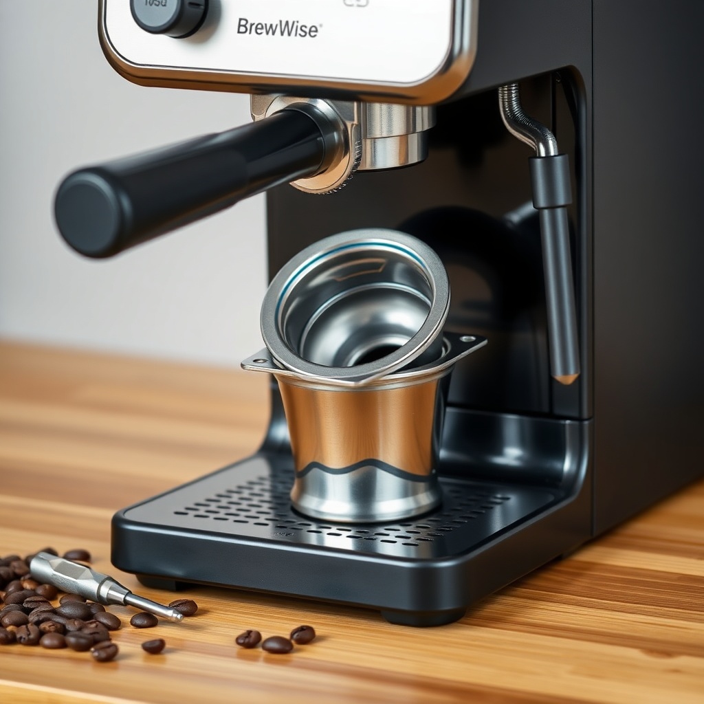 A clean photorealistic photo of a BrewWise Thermoblock espresso machine with the portafilt