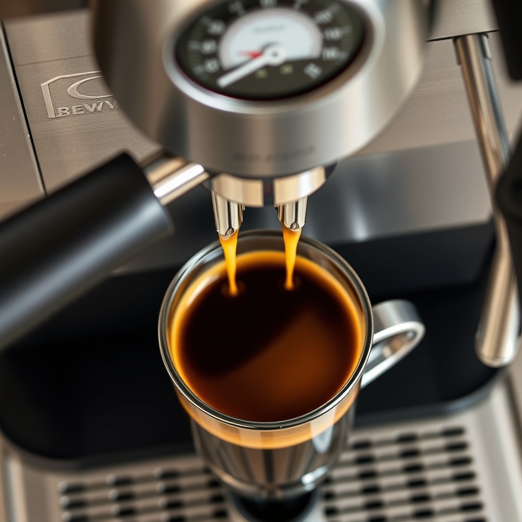 A photorealistic overhead shot of a BrewWise Thermoblock espresso machine during a pull