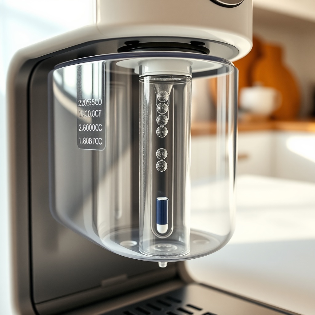 <A photorealistic close-up of a BrewWise Thermoblock machine with the water reservoir remo