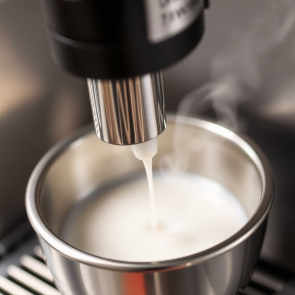 A photorealistic close-up of a BrewWise Thermoblock’s steam wand tip being purged into a s