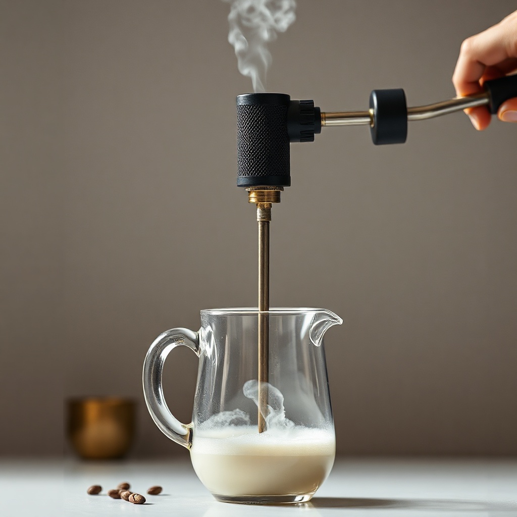 <clean photorealistic photo of a BrewWise Thermoblock steam wand being purged into a small