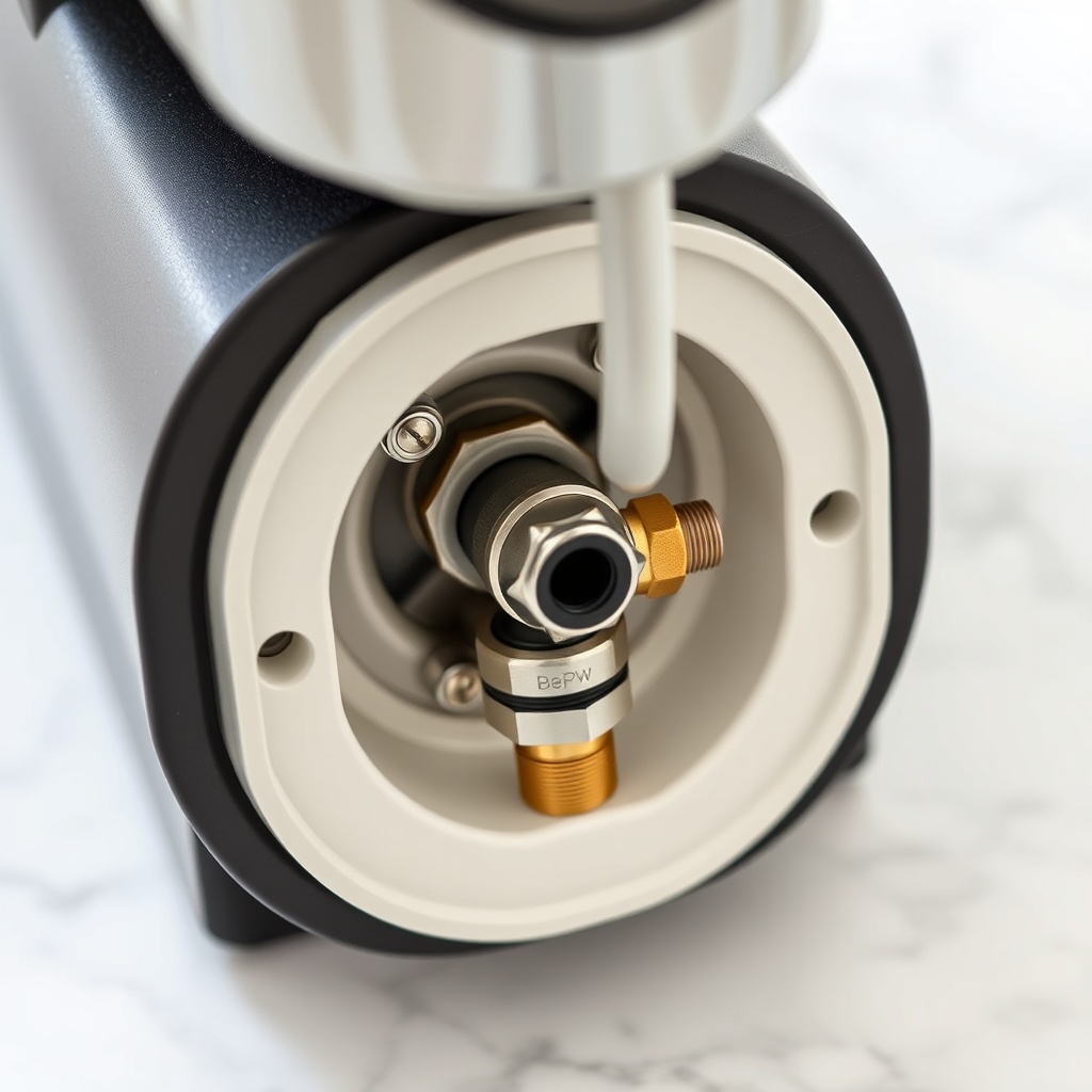 A clean photorealistic photo of a BrewWise Thermoblock machine's internal valve assembly