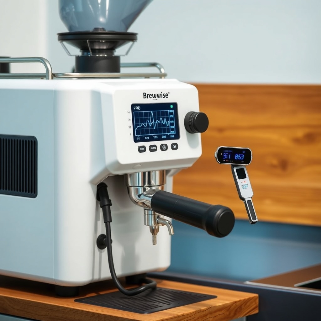 A clean photorealistic photo of a BrewWise Thermoblock machine with a PID controller displ