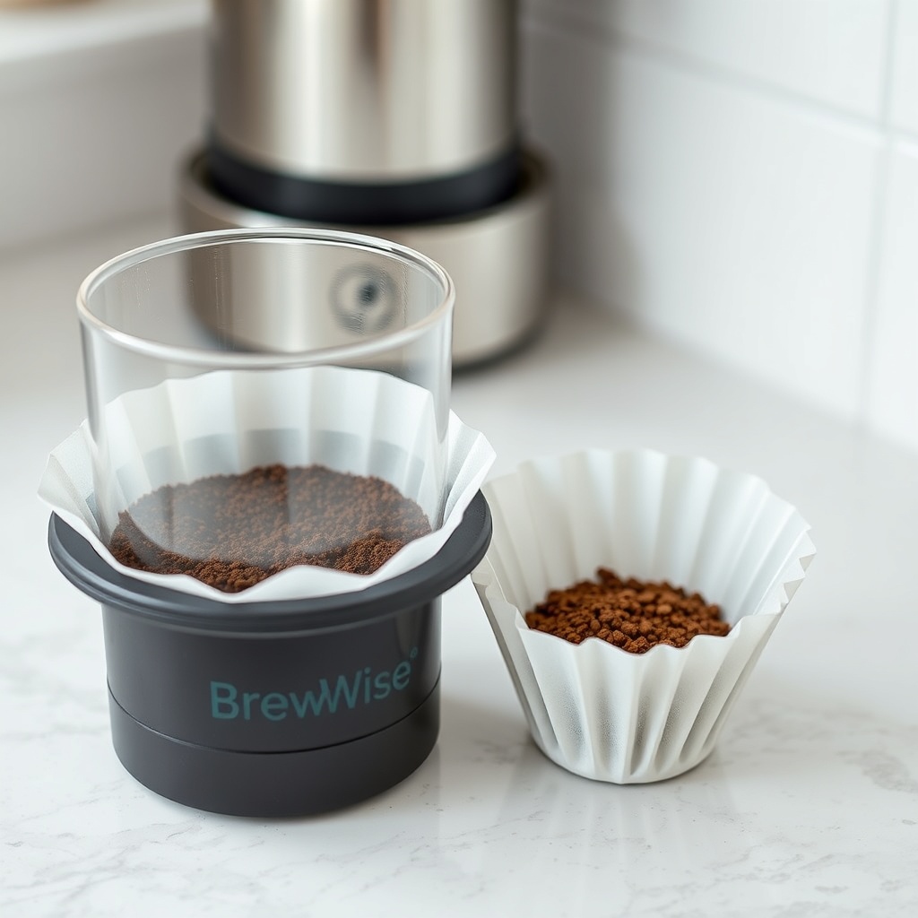 <clean photorealistic photo/illustration of a BrewWise Thermoblock brew basket with coarse