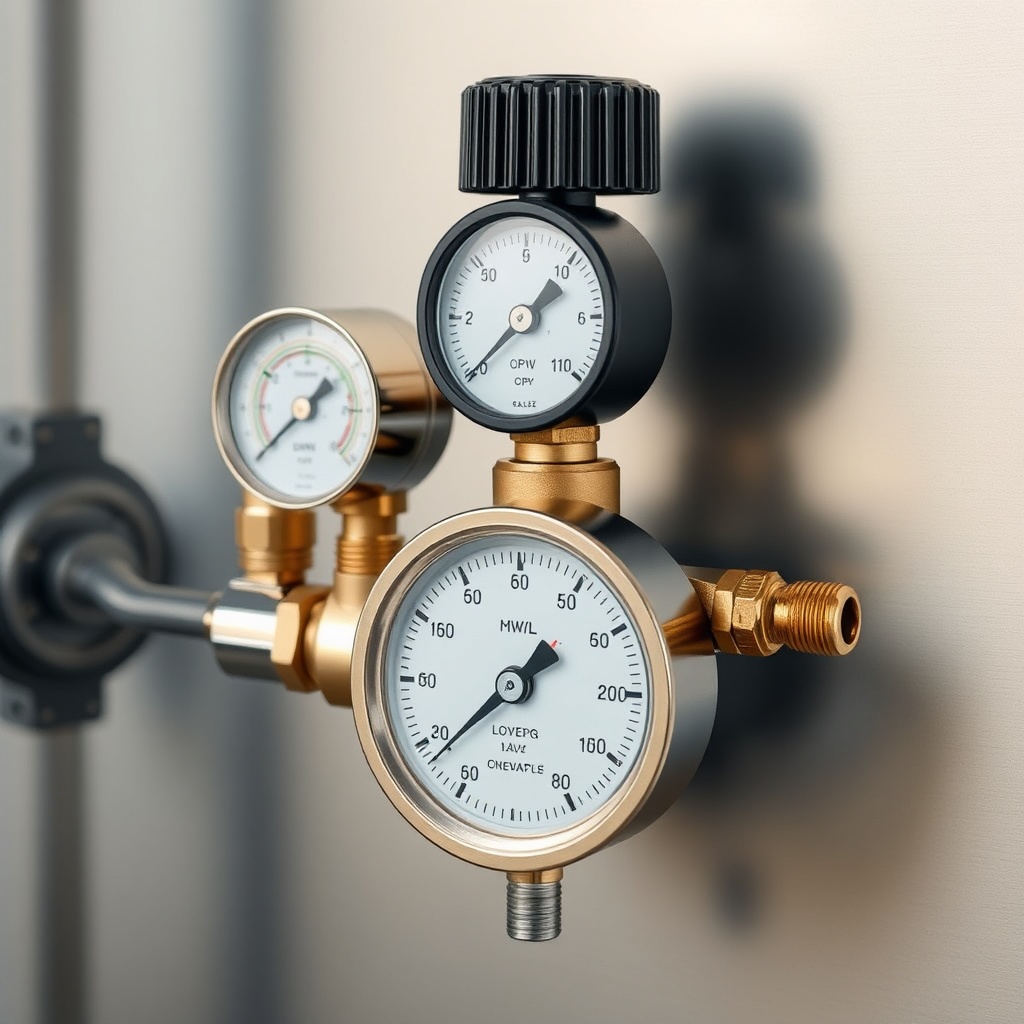 <Clean photorealistic photo of BrewWise Thermoblock OPV valve assembly with brass fittings