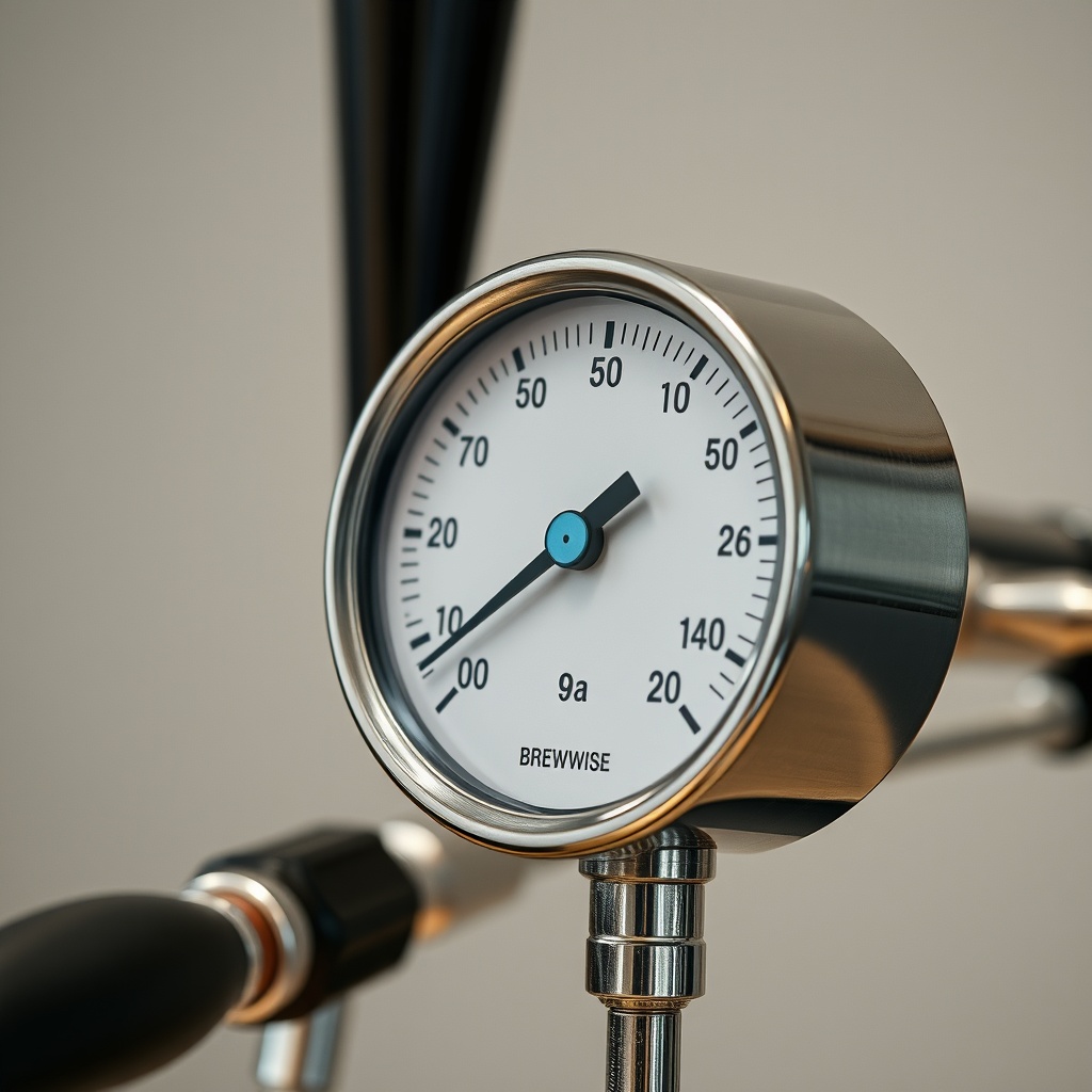 <Clean photorealistic photo showing a BrewWise Thermoblock pressure gauge reading 9 bar wi