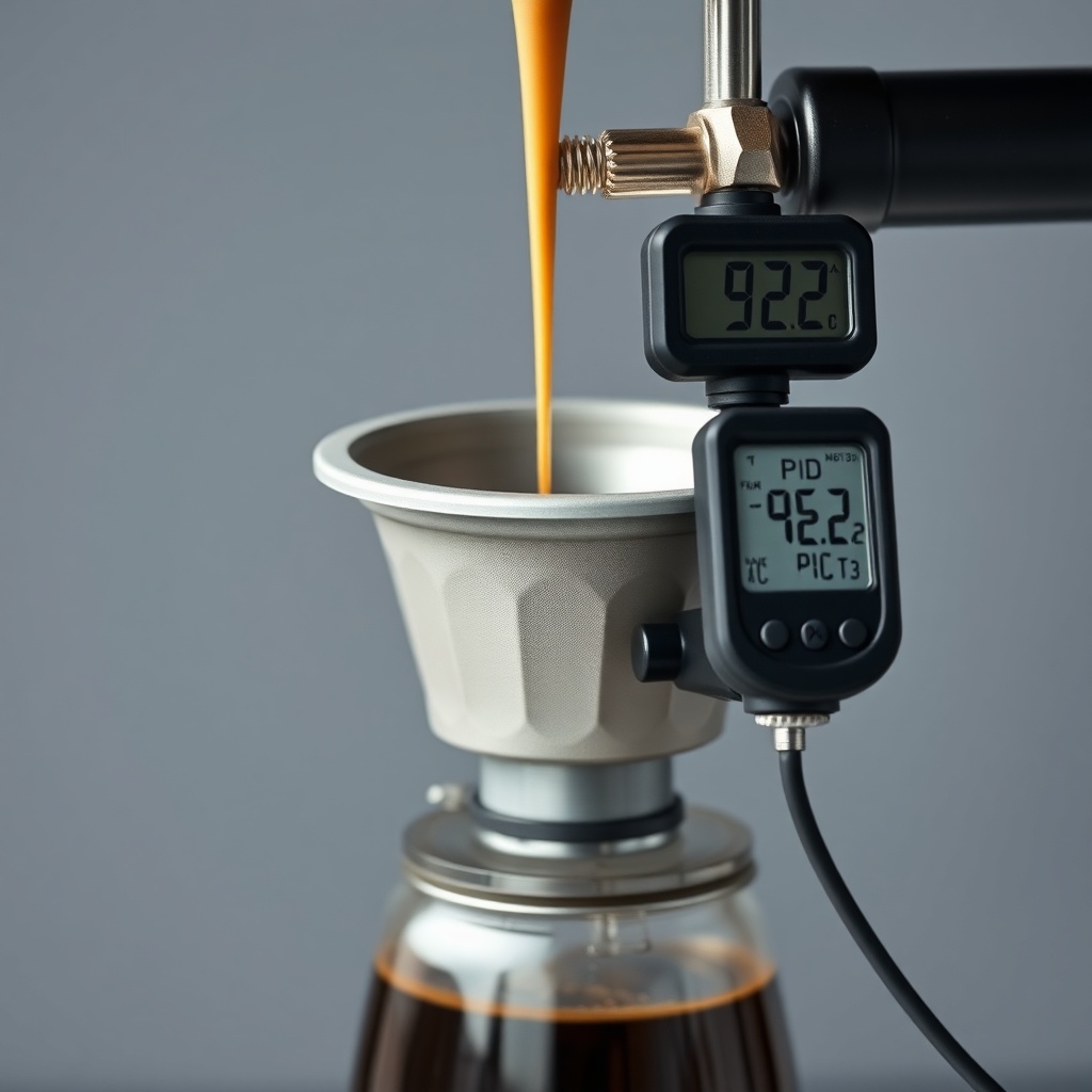 <clean photorealistic photo of a bottomless portafilter during extraction