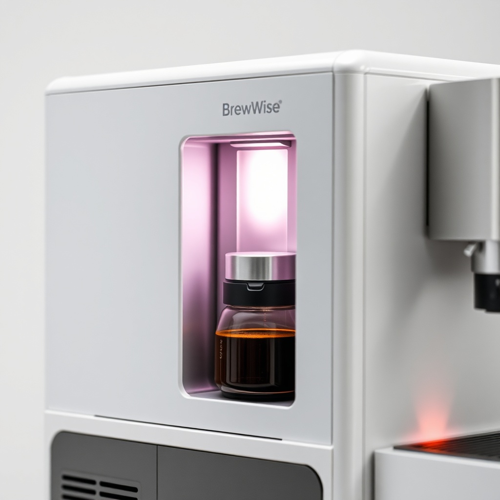 <clean photorealistic photo of a BrewWise Thermoblock machine with a side panel removed