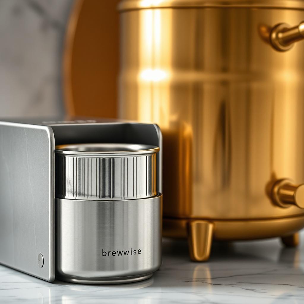 A close-up photorealistic shot of a BrewWise Thermoblock showing the stainless steel heati