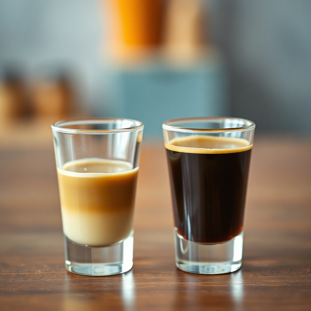 A photorealistic shot of two shot glasses of espresso side-by-side—one with a lighter