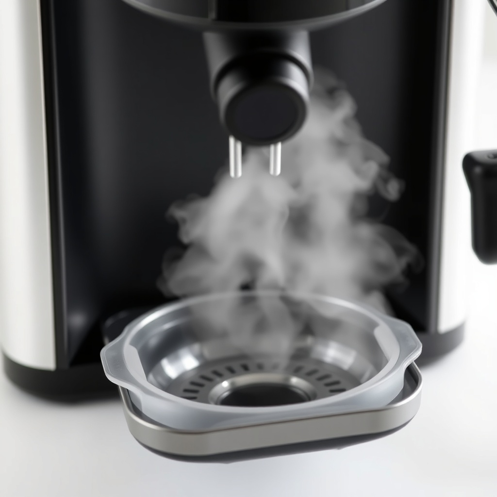 A clean photorealistic photo of a BrewWise Thermoblock steam wand being purged into a drip