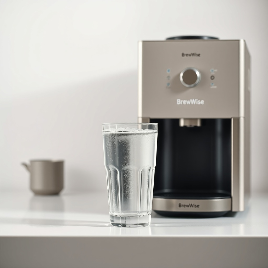 A clean photorealistic photo of a glass of filtered water next to a BrewWise Thermoblock m