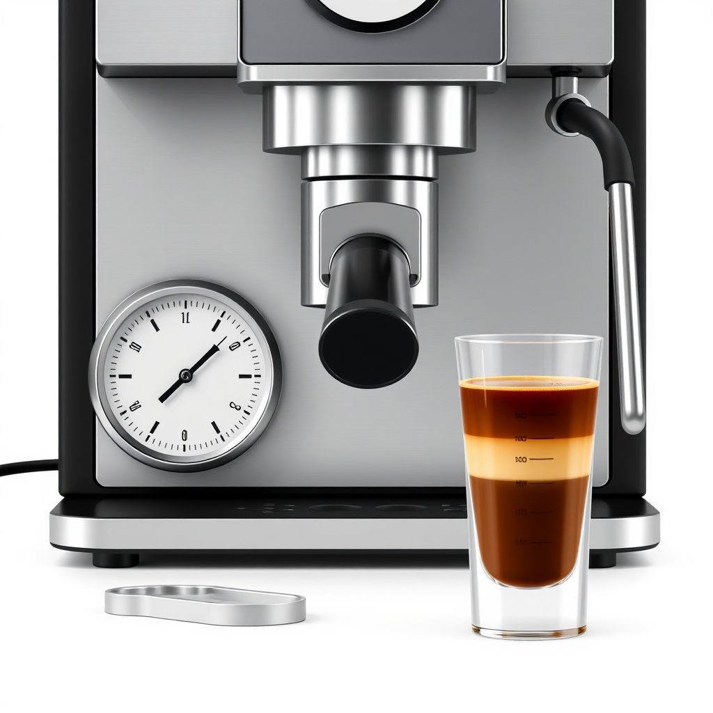 <clean photorealistic photo/illustration of a BrewWise Thermoblock espresso machine with a