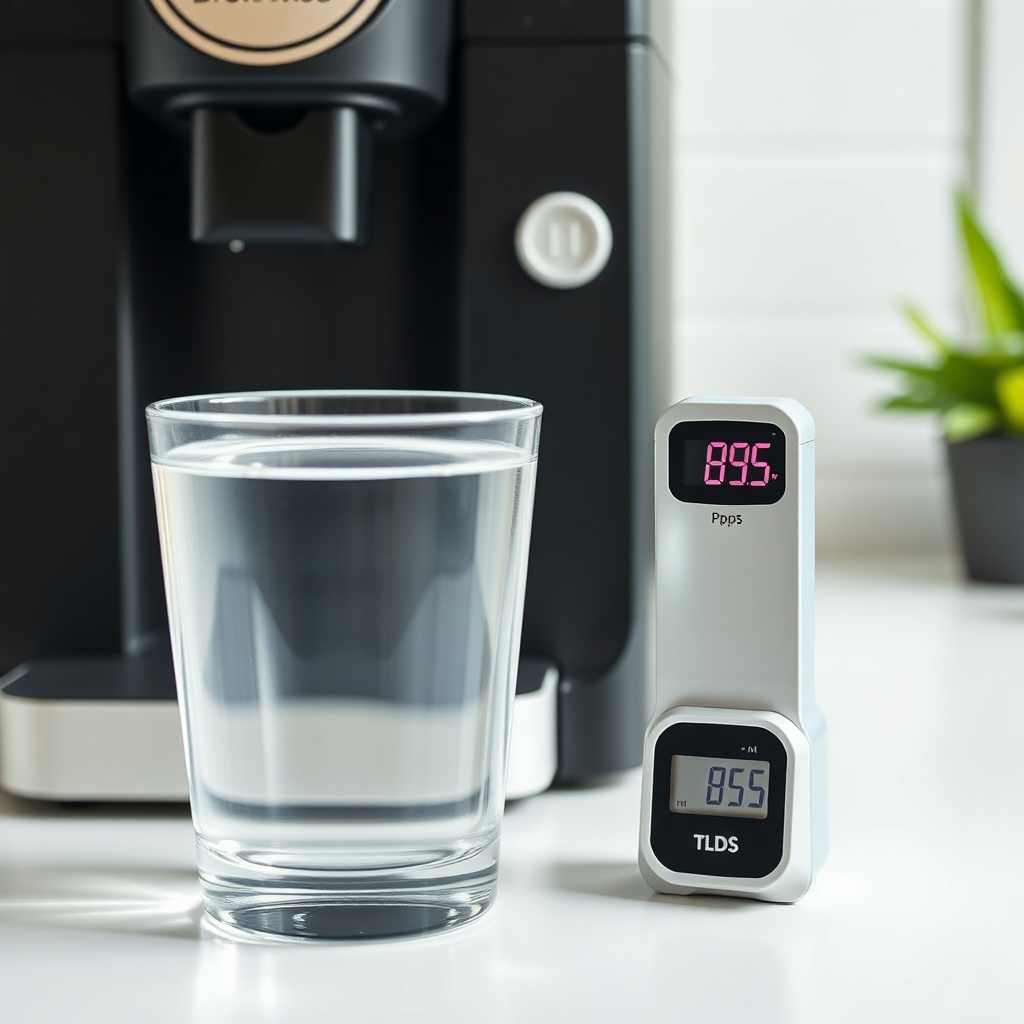 A clean photorealistic photo of a glass of clear water next to a BrewWise Thermoblock mach