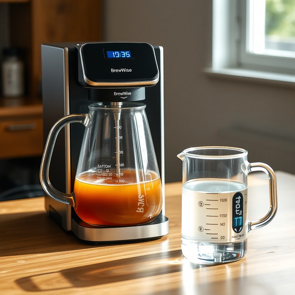 A clean photorealistic photo of a BrewWise Thermoblock machine sitting beside a glass cara