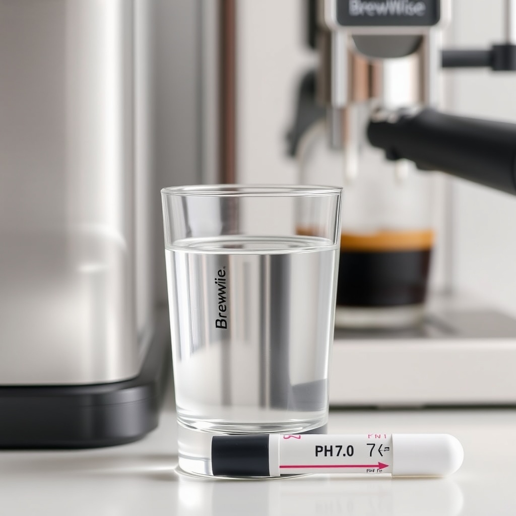 A photorealistic photo of a glass of filtered water next to a BrewWise Thermoblock espress