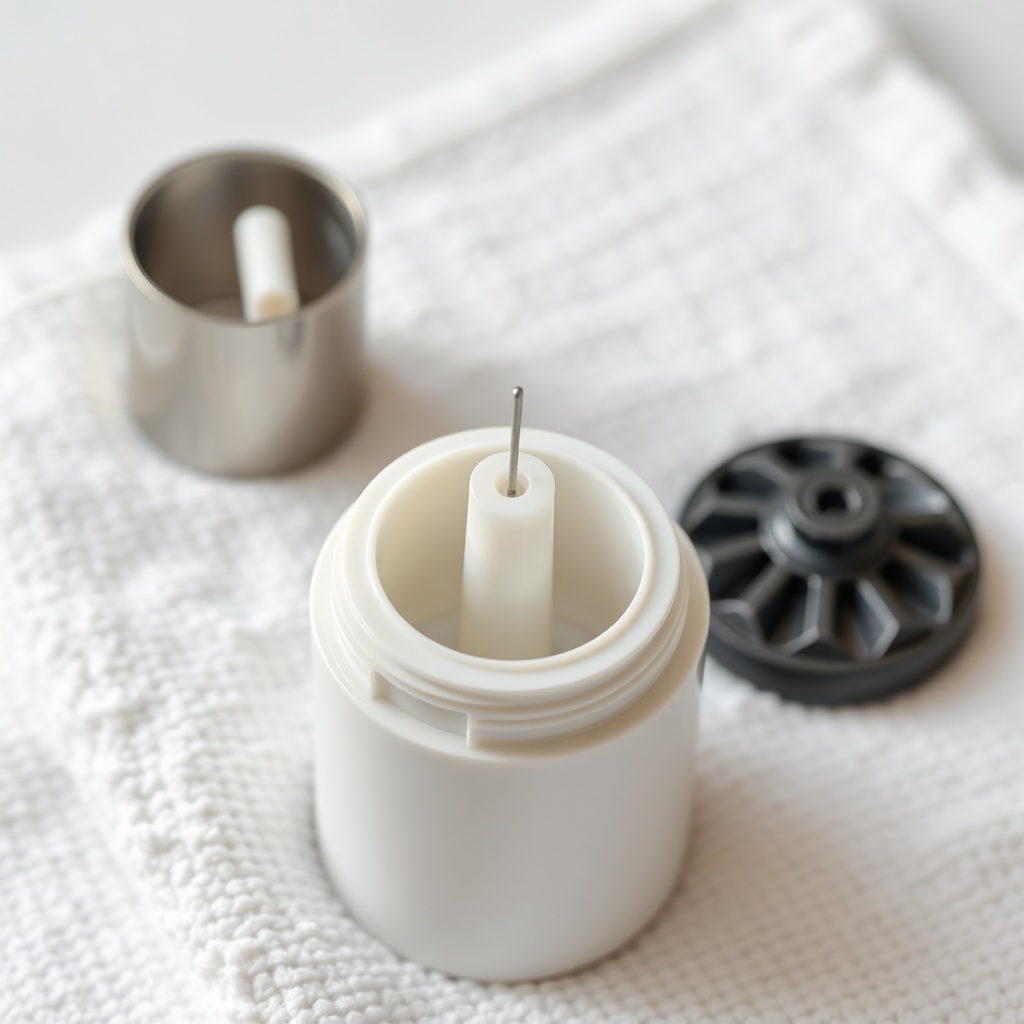 <clean photorealistic photo of the disassembled auto frother parts on a white towel
