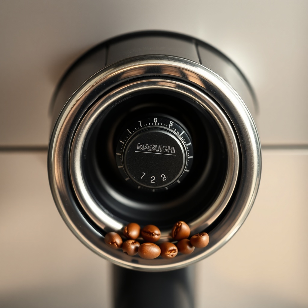 <photorealistic close-up of the De'Longhi Magnifica S upper bean hopper