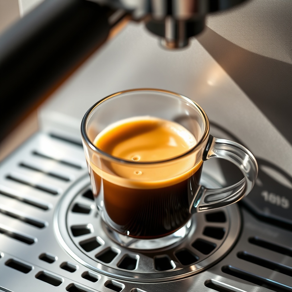 <photorealistic photo of a freshly pulled double espresso shot in a clear cup